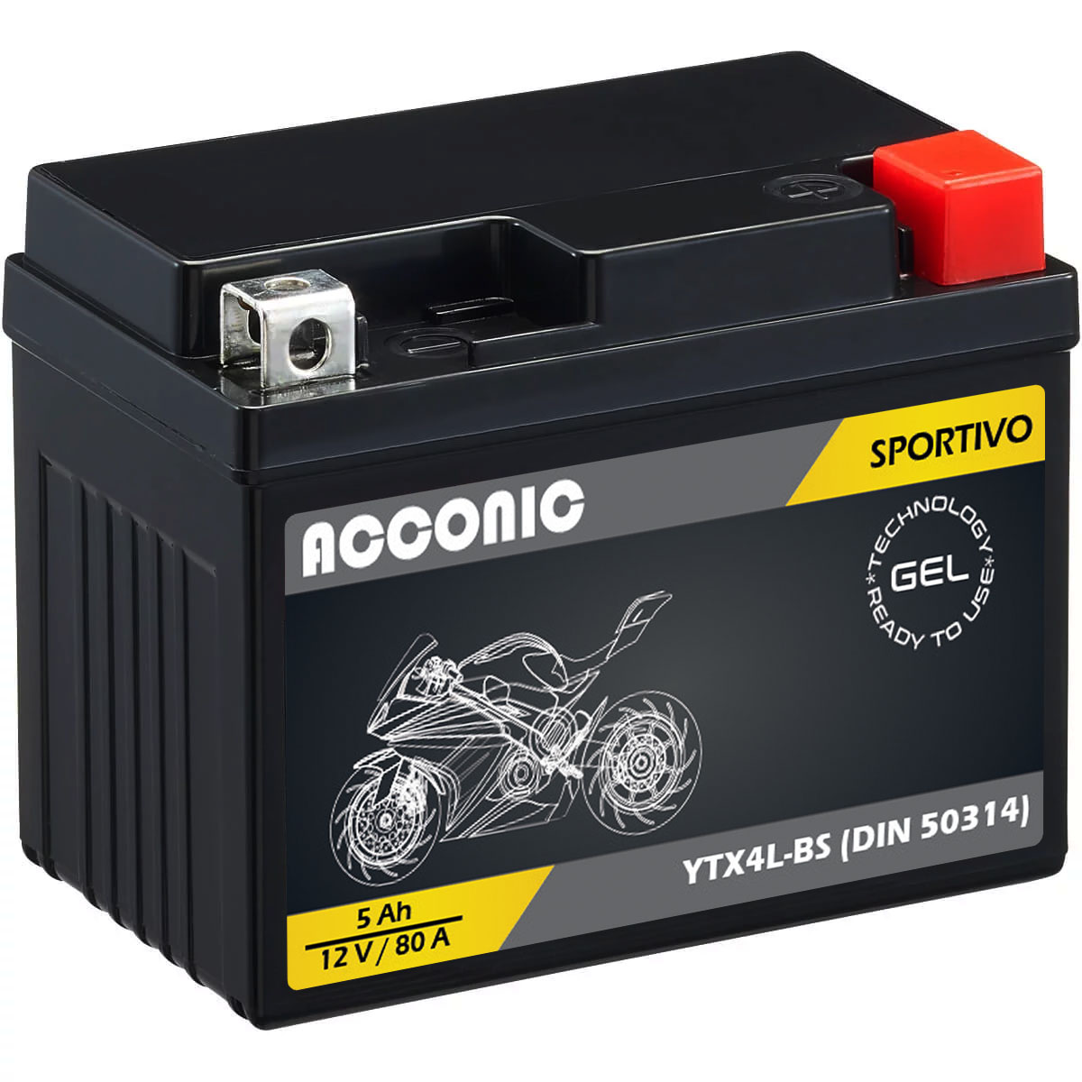 ACCONIC Sportivo GEL YTX4L-BS Motorradbatterie 5Ah 12V (DIN 50314)